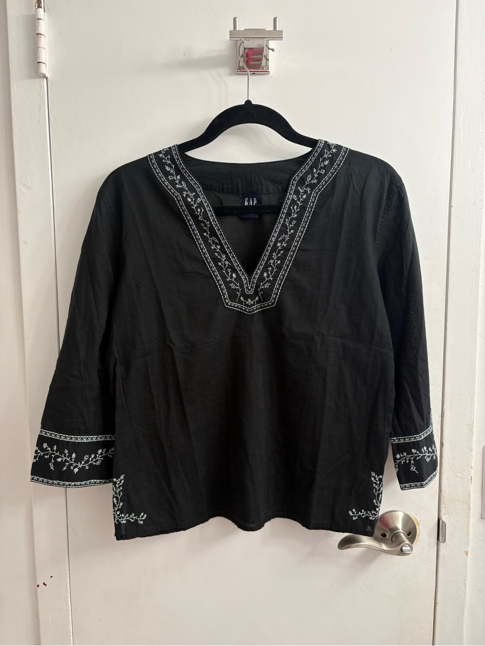GAP Black V-Neck Tunic with White Embroidery